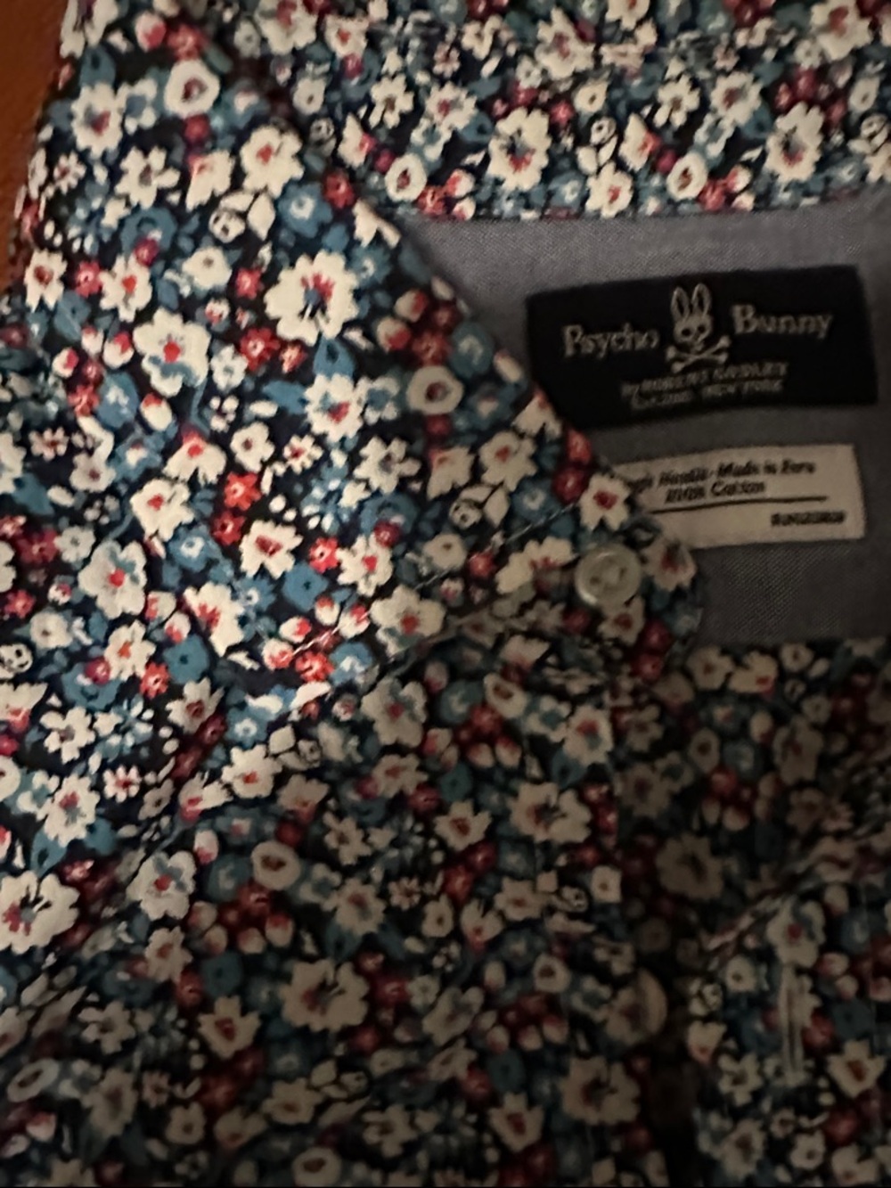 Psycho Bunny Men’s Short Sleeve Floral Button-Down Shirt in Blue, White, Red